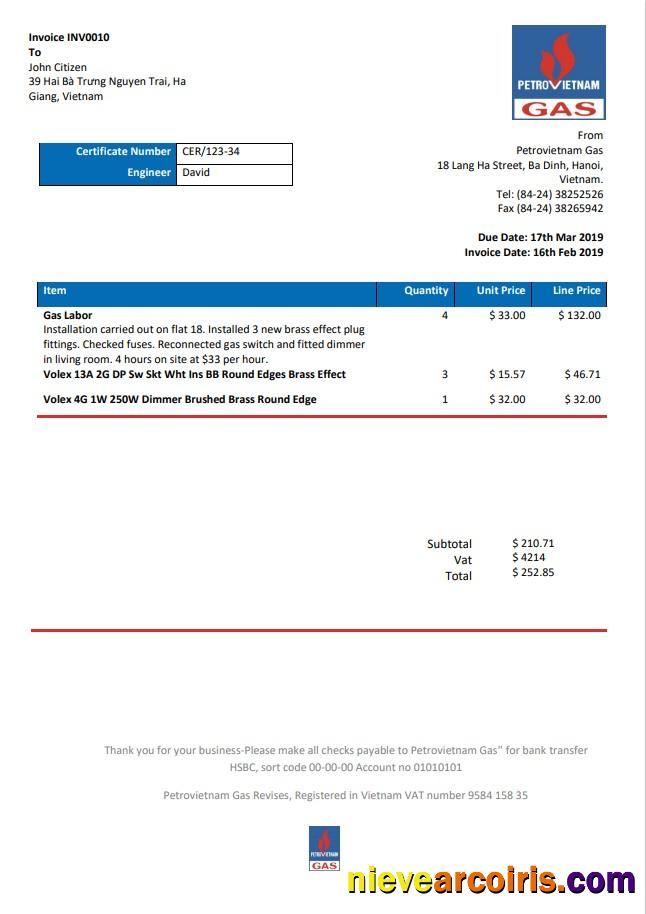 Vietnam Petrovietnam Gas utility bill